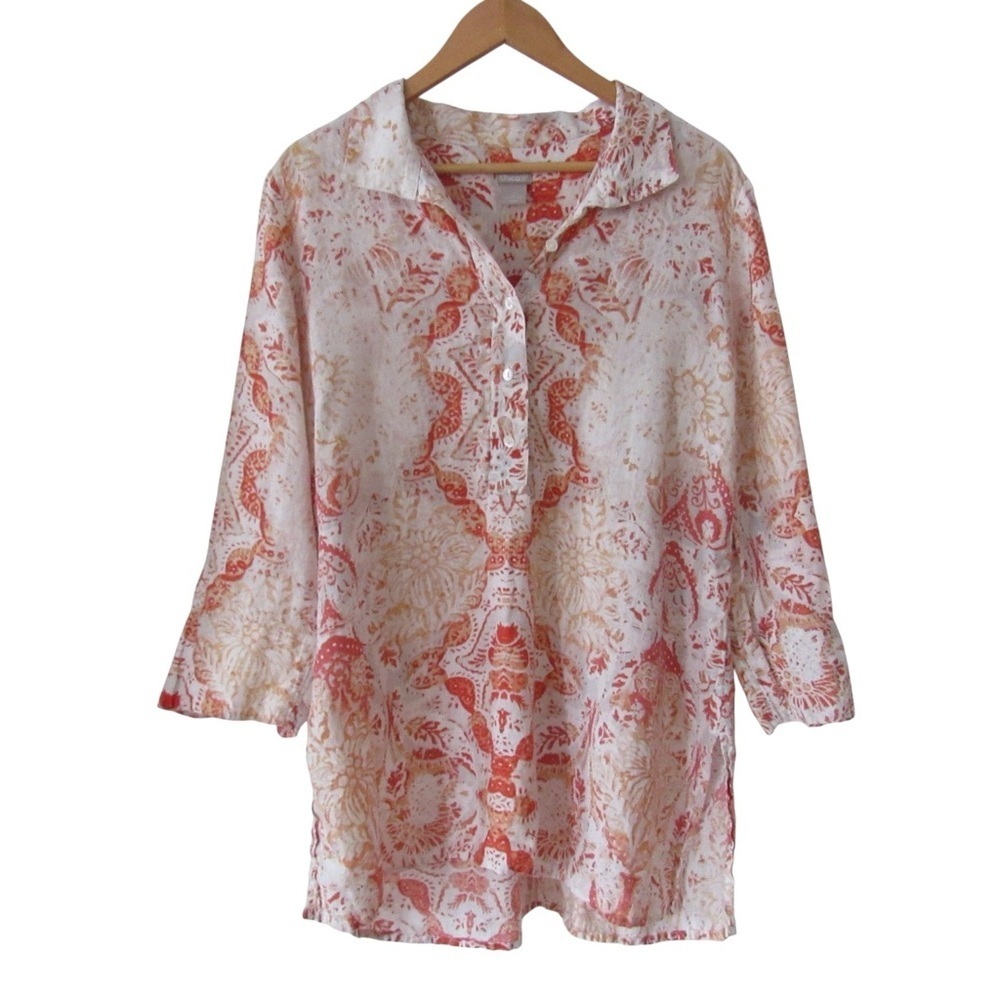Chicos Linen Floral Tunic Top Large 12/14 Orange White Breathable Beach Boho